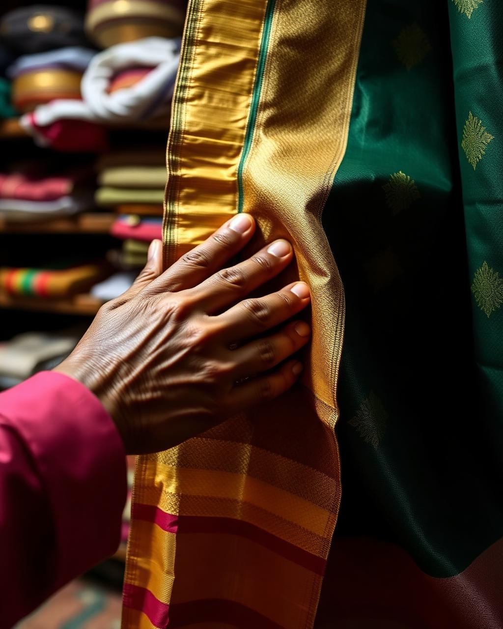 Expert inspecting a silk saree
